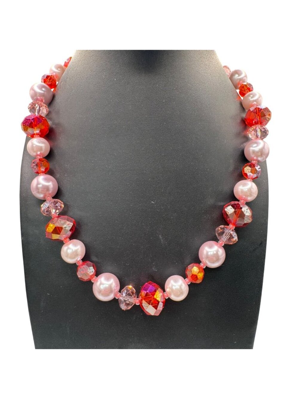 Vintage Pink Faux Pearl & Red AB Beaded Necklace Sterling Silver Clasp 20" Bling